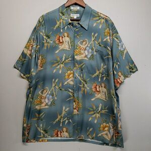 Pierre Cardin XL Hawaiian Shirt Pin Up Girls Hula Tropical Rayon Camp Blue VTG